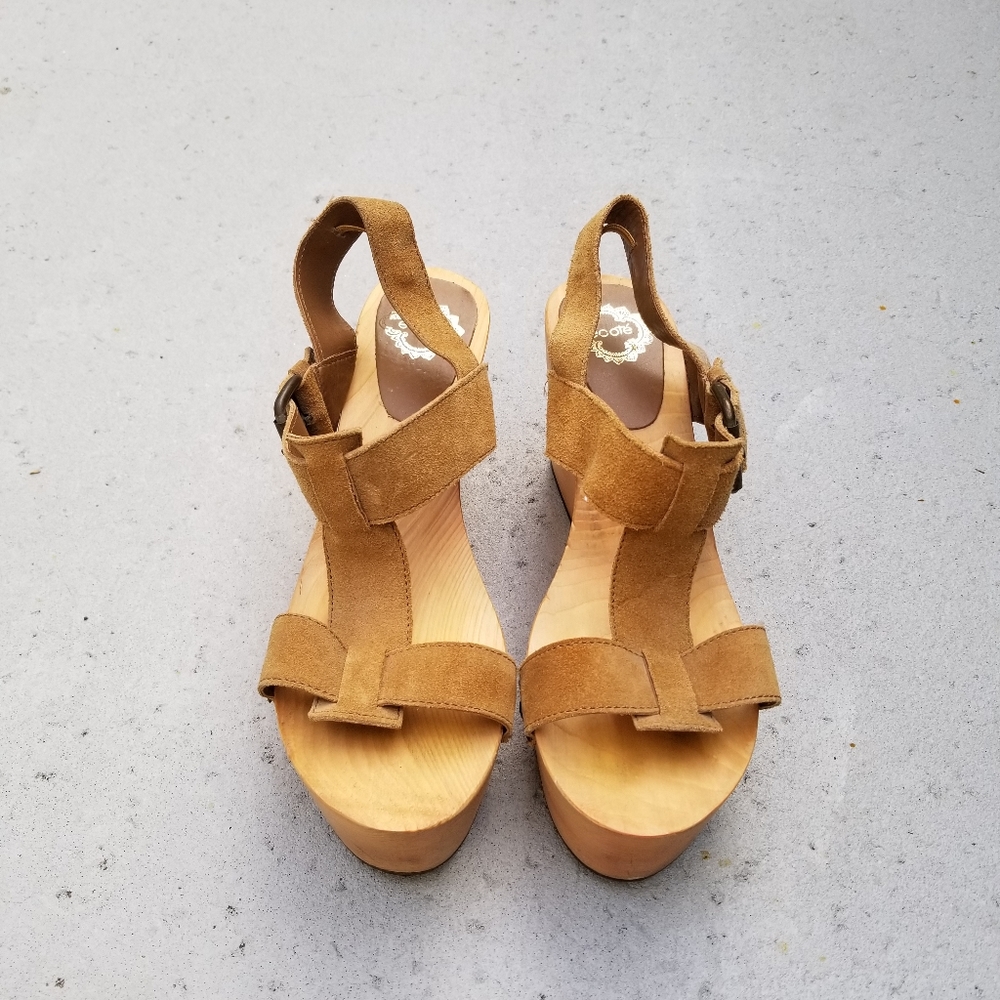 NWOB Ecoté Wood and Suede Wedge Clogs Sandals Sz 8